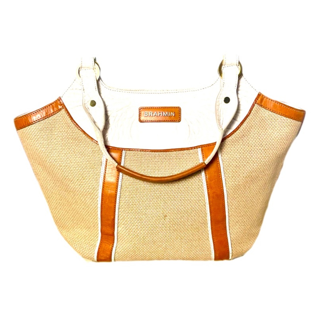 BRAHMIN Vintage Burlap and Melbourne Embossed Finished Leather hand bag.